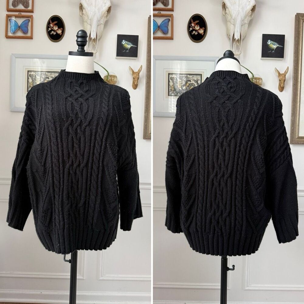 New York & Co Black Fisherman Knit Funnel Neck Boxy Sweater L